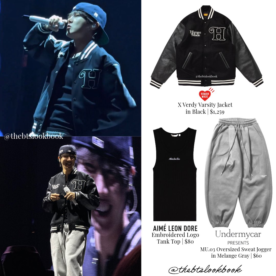 J-hope wearing Human Made “Varsity Jacket”, Aime Leon Dore “Logo
