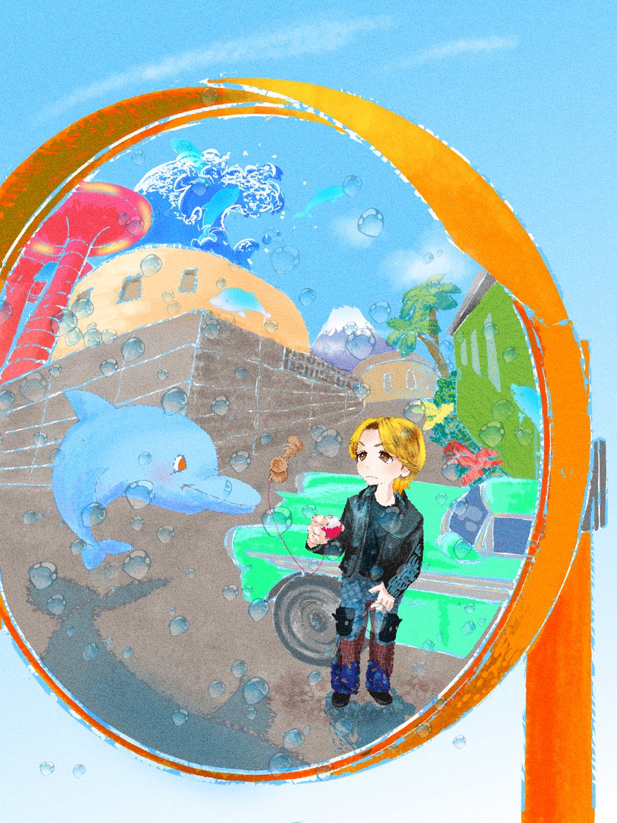 そたとイルカを描きました！🥰 鏡の中の景色描くのはいつも以上に