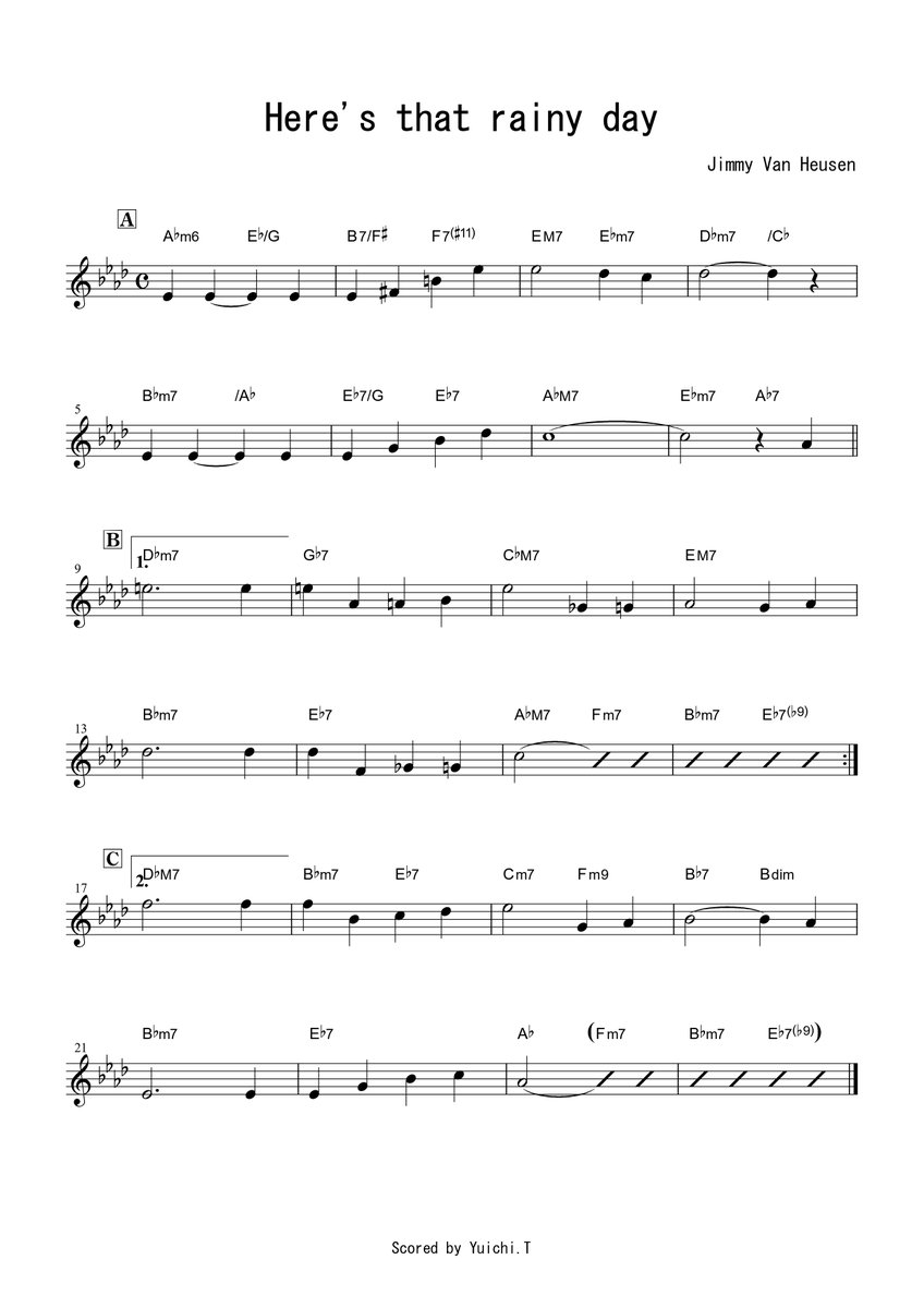 Here's that rainy day って、Key Ab の方がギターで弾きやすいなと