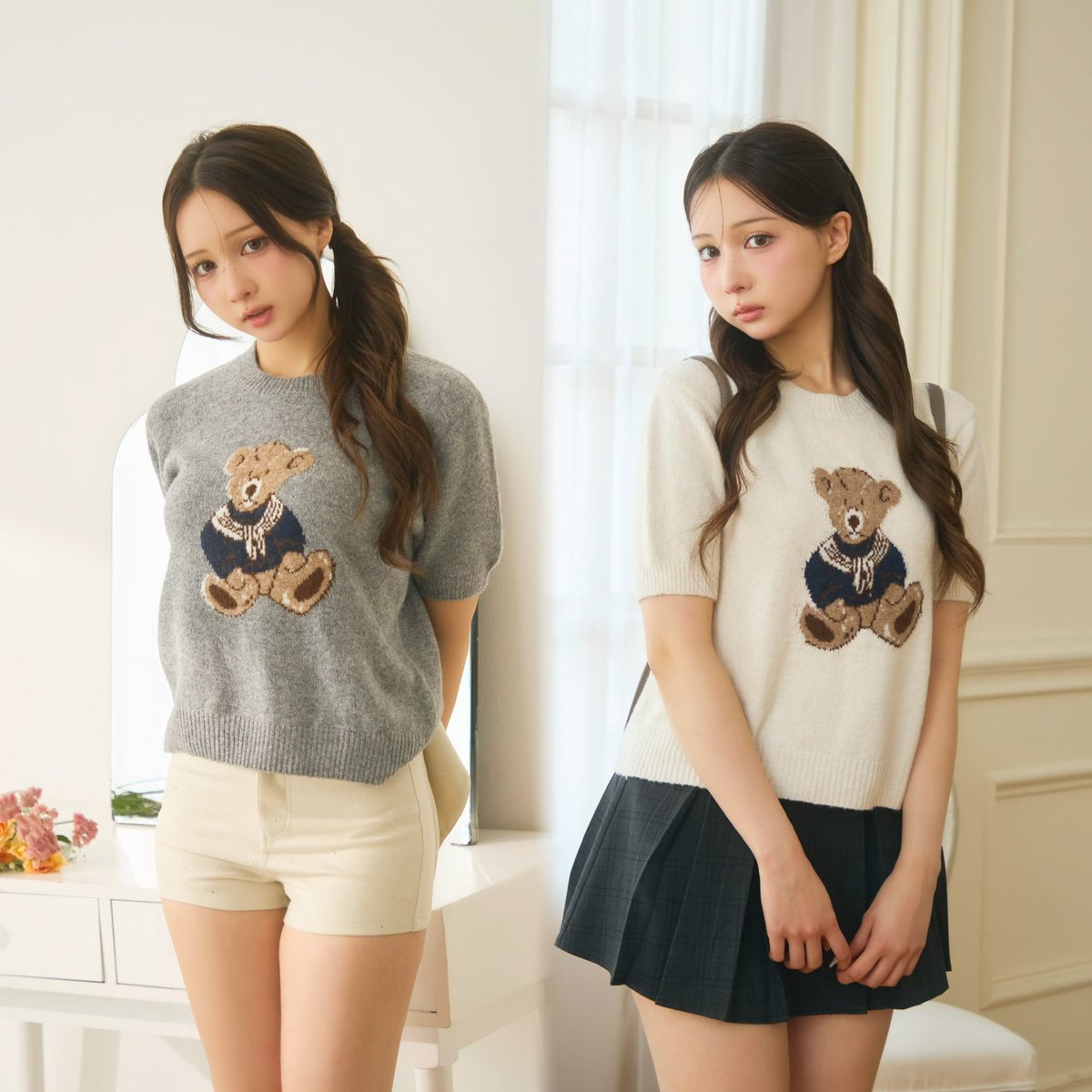 愛らしいくまちゃんが目を引くニットトップス🧸🩶ともだちとお揃いで