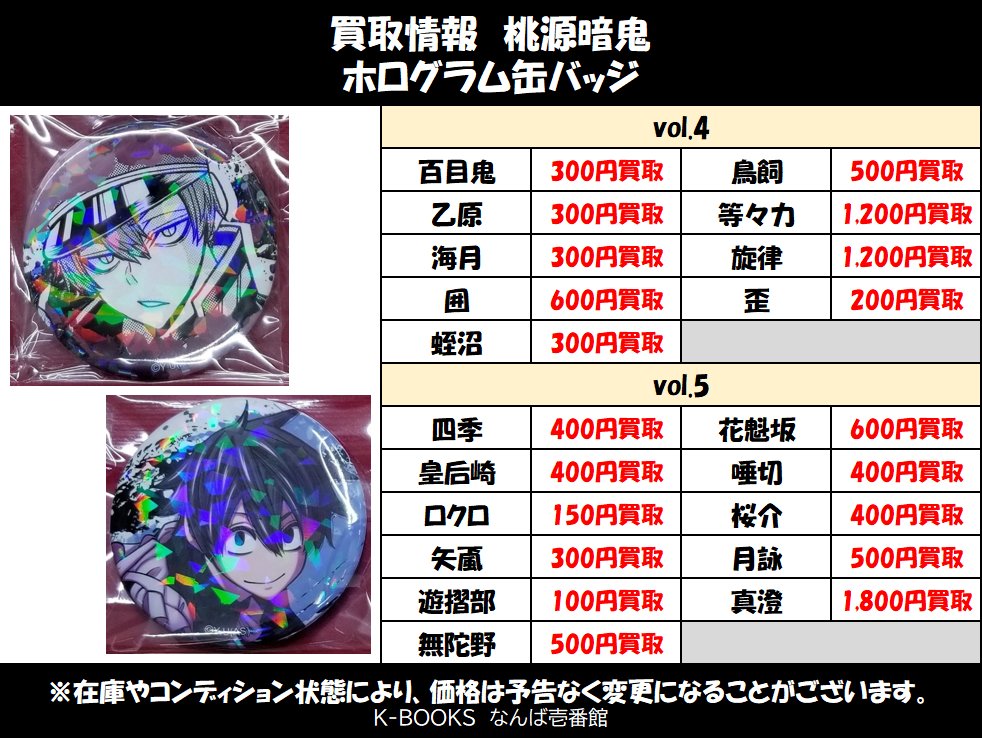 買取情報】#桃源暗鬼 桃源暗鬼 ・ホログラム缶バッジ vol.4～5 当店の