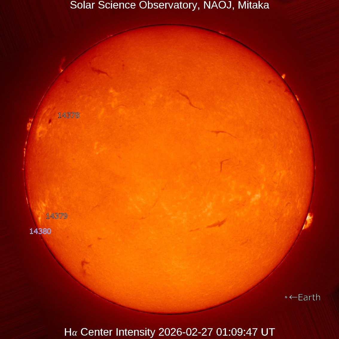 本日の太陽】2026-2-27のHα線全面像 活動領域14380が新たに出現しま