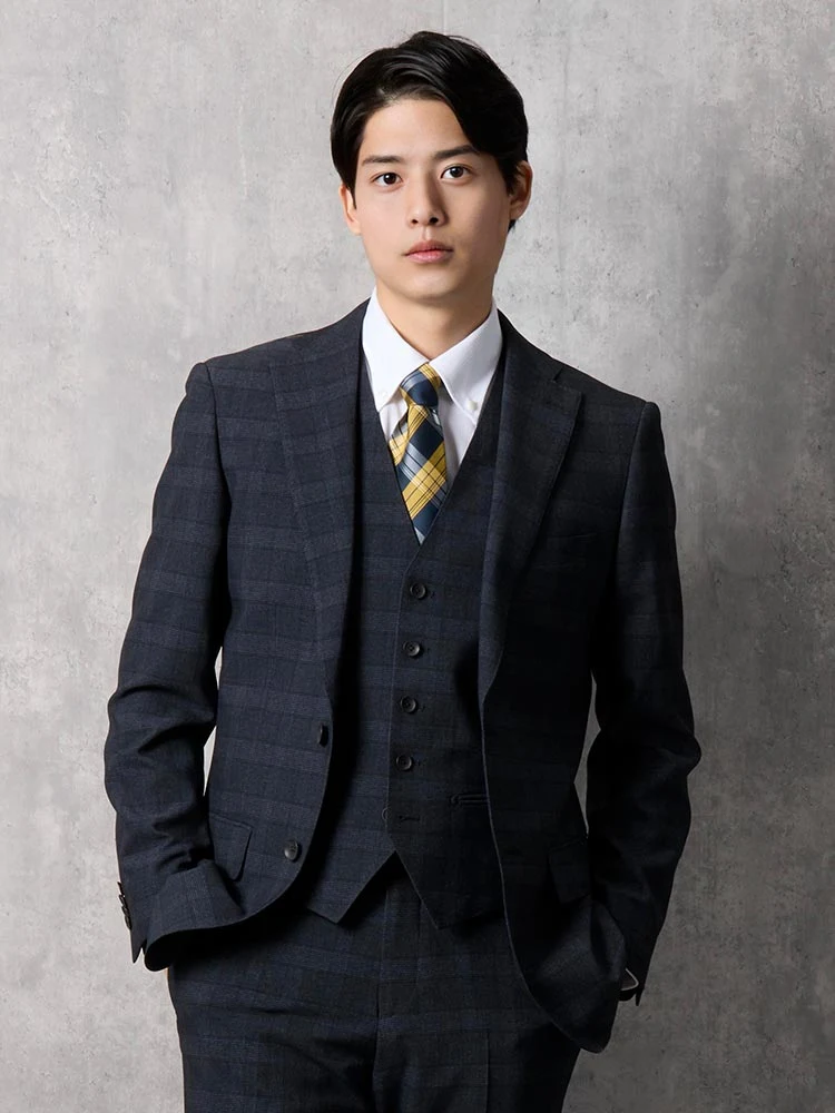 上下洗える】スリーピーススーツ グレンチェック【クラシコ】ネイビー