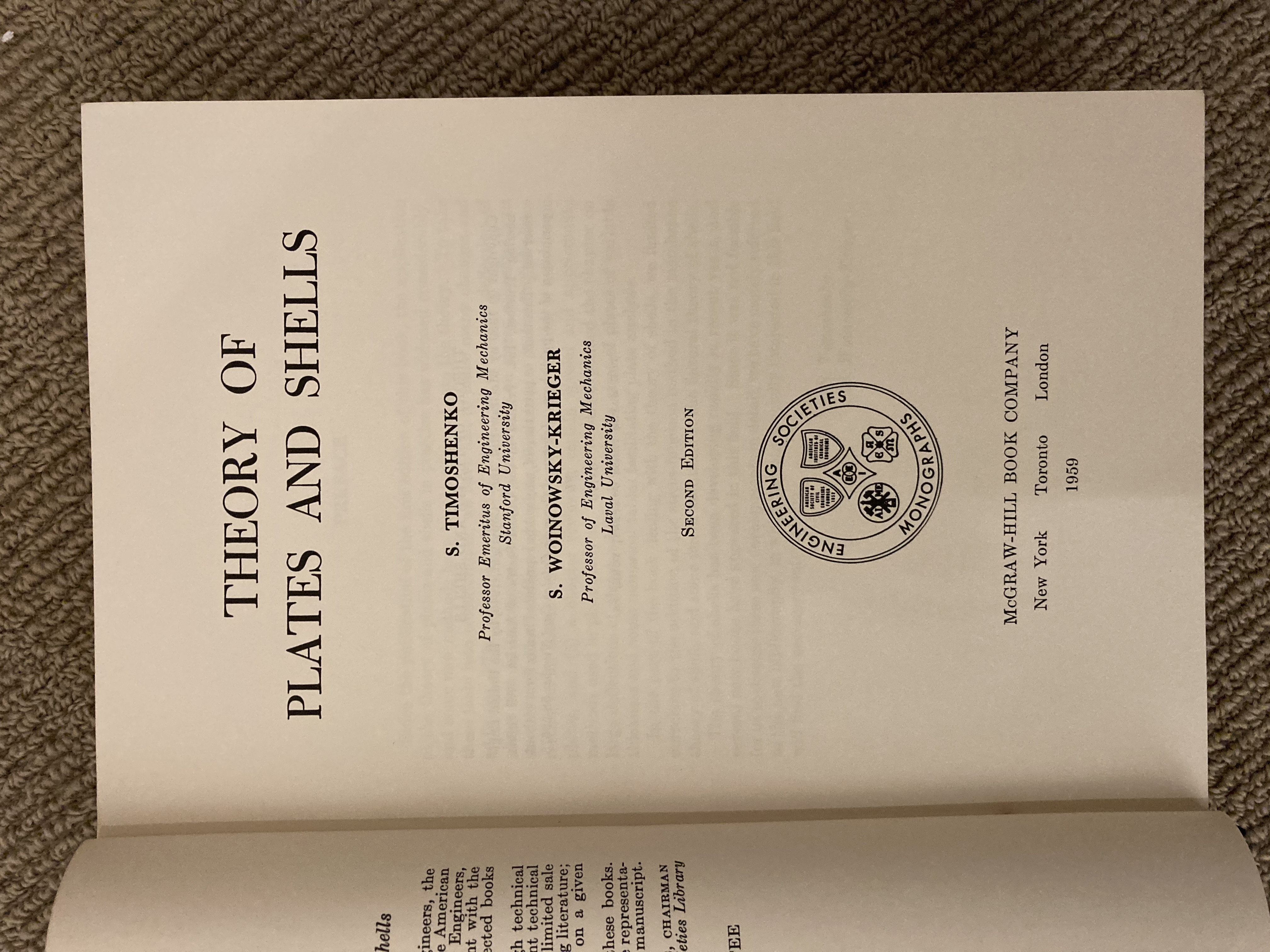 Theory of Plates and Shells by Timoshenko: Very Good Hardcover