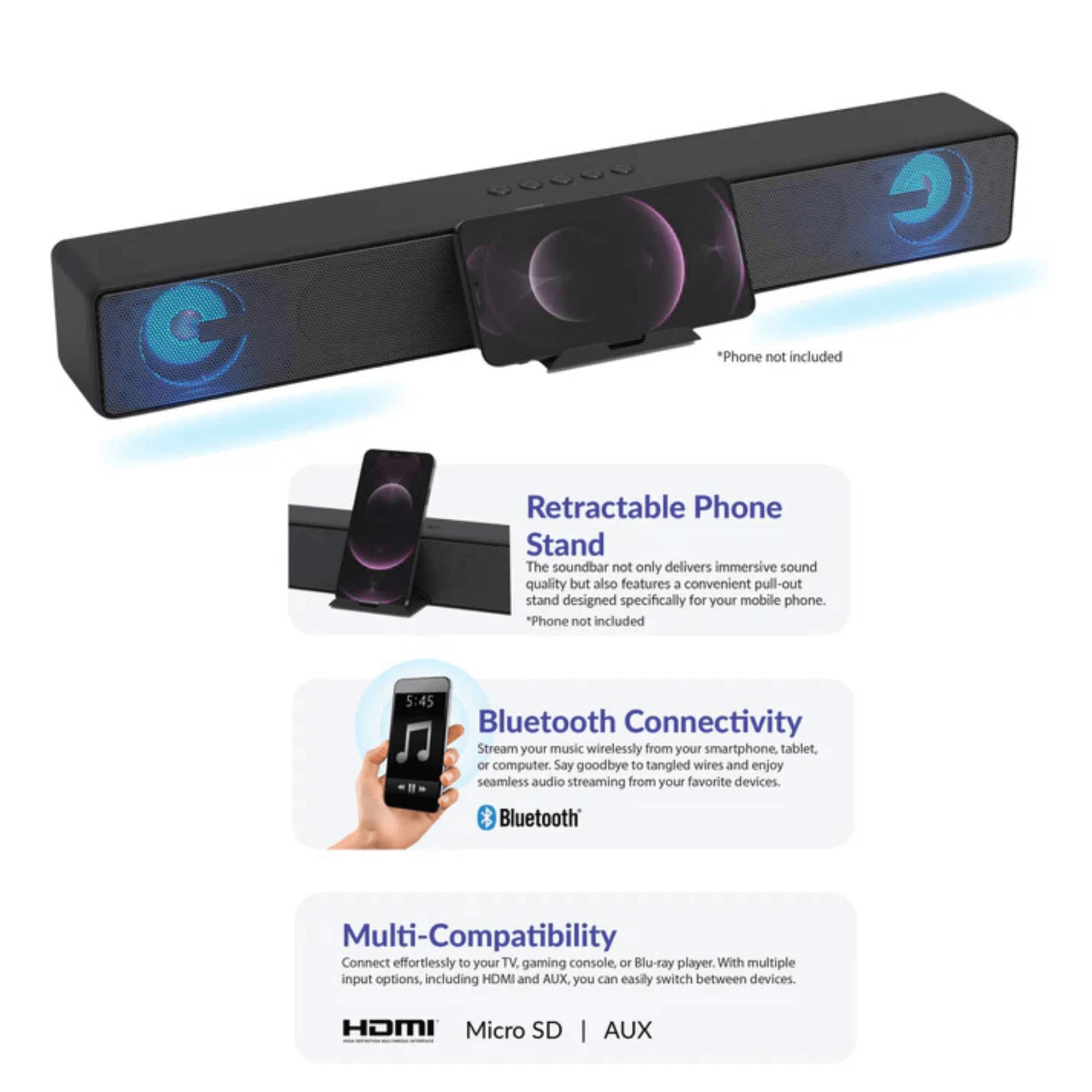 Supersonic 17.6 Inch Portable 10W Bluetooth Soundbar Black SC