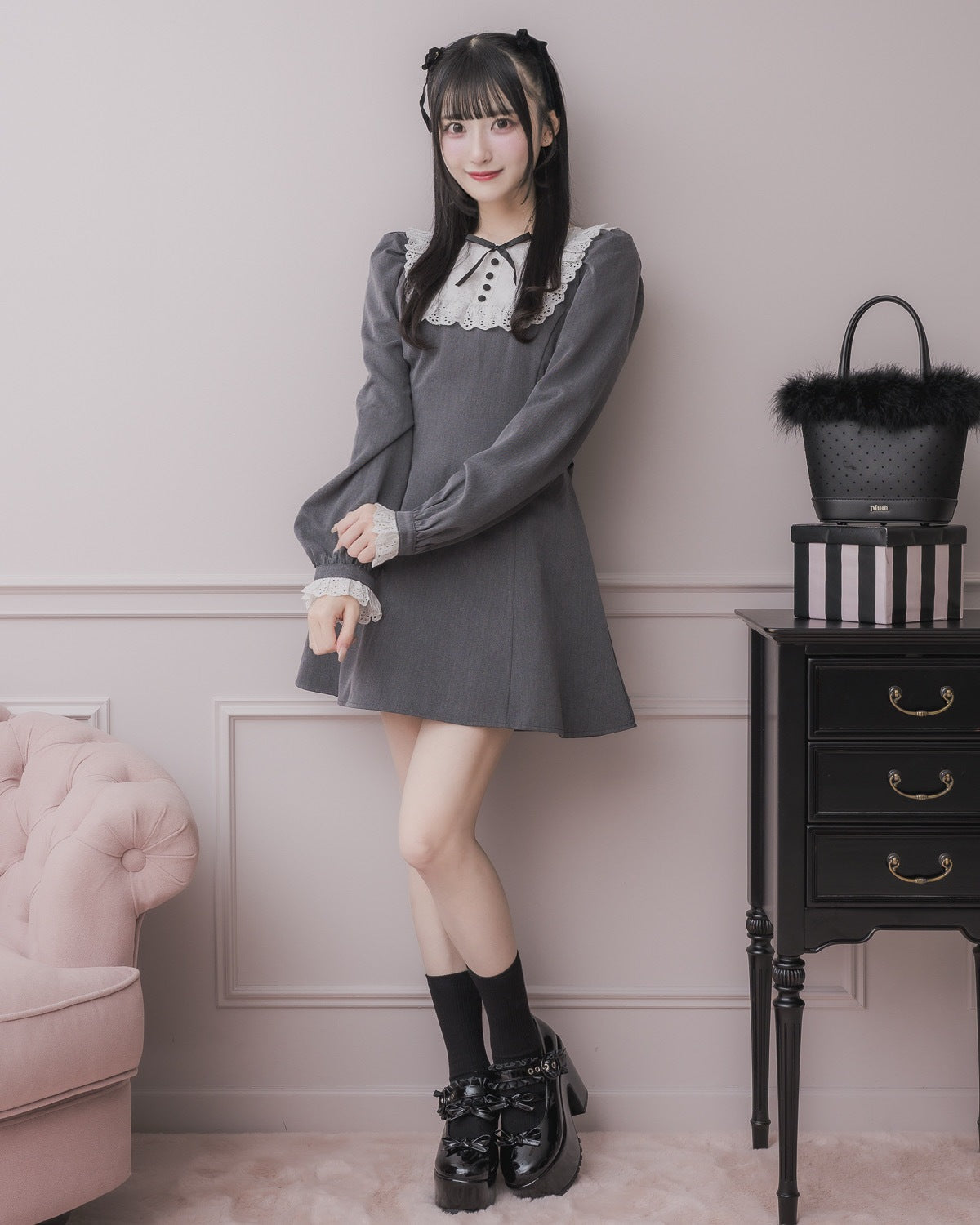 コットンレース長袖カフェワンピース – pium