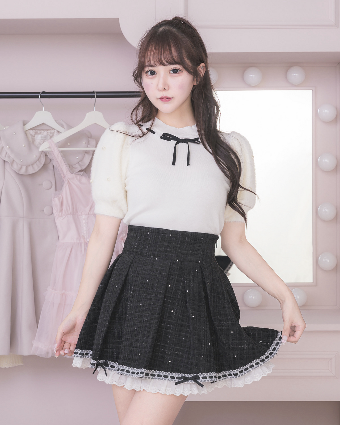 pium ネクタイ付きスクエアフリルトップス ブラックチェック ネクタイ