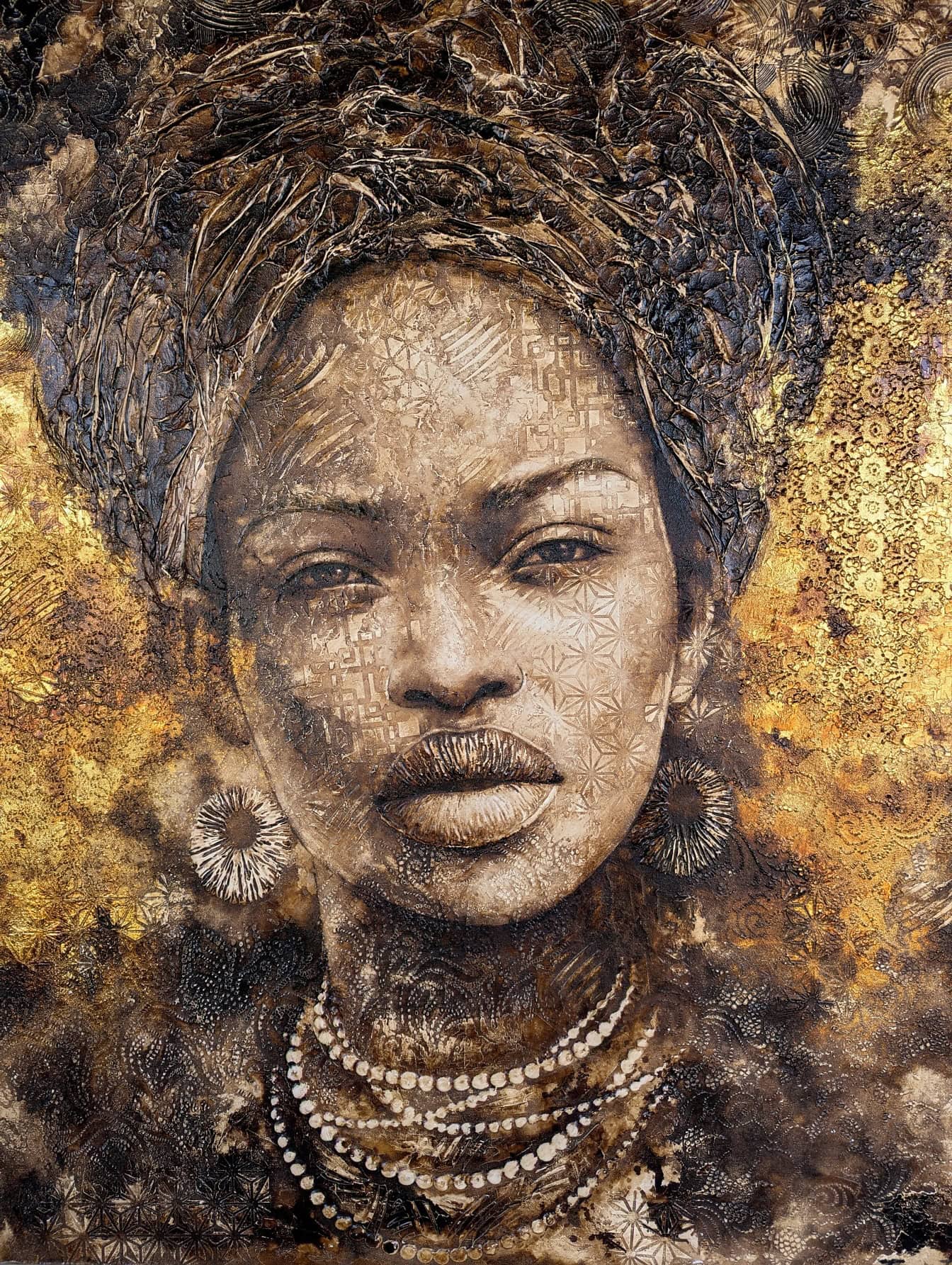 フリー写真画像: アフリカの黒人女性の美しい絵画、美術の肖像画、黄金