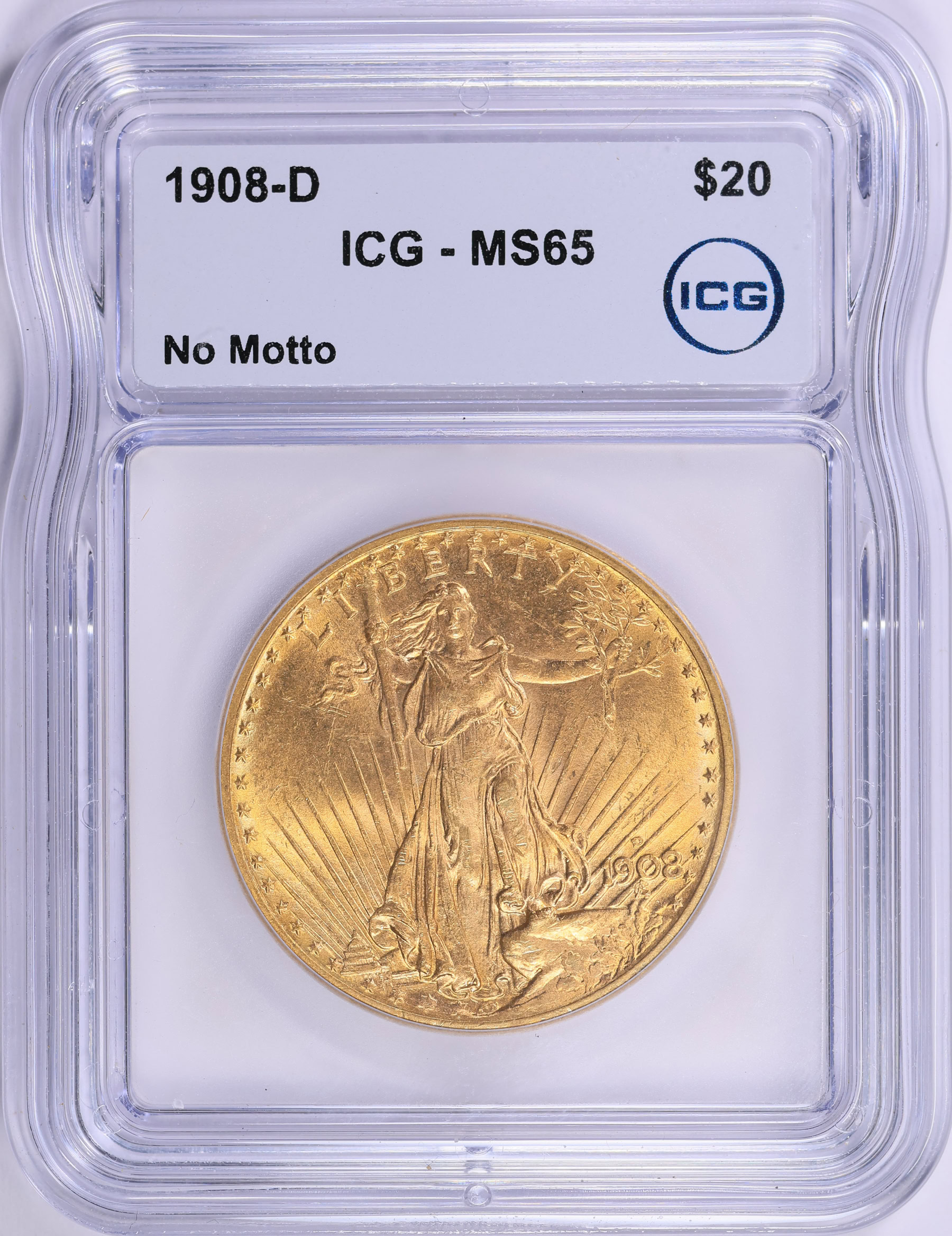 1908-D Saint-Gaudens Gold Double Eagle No Motto ICG MS-65 (Item