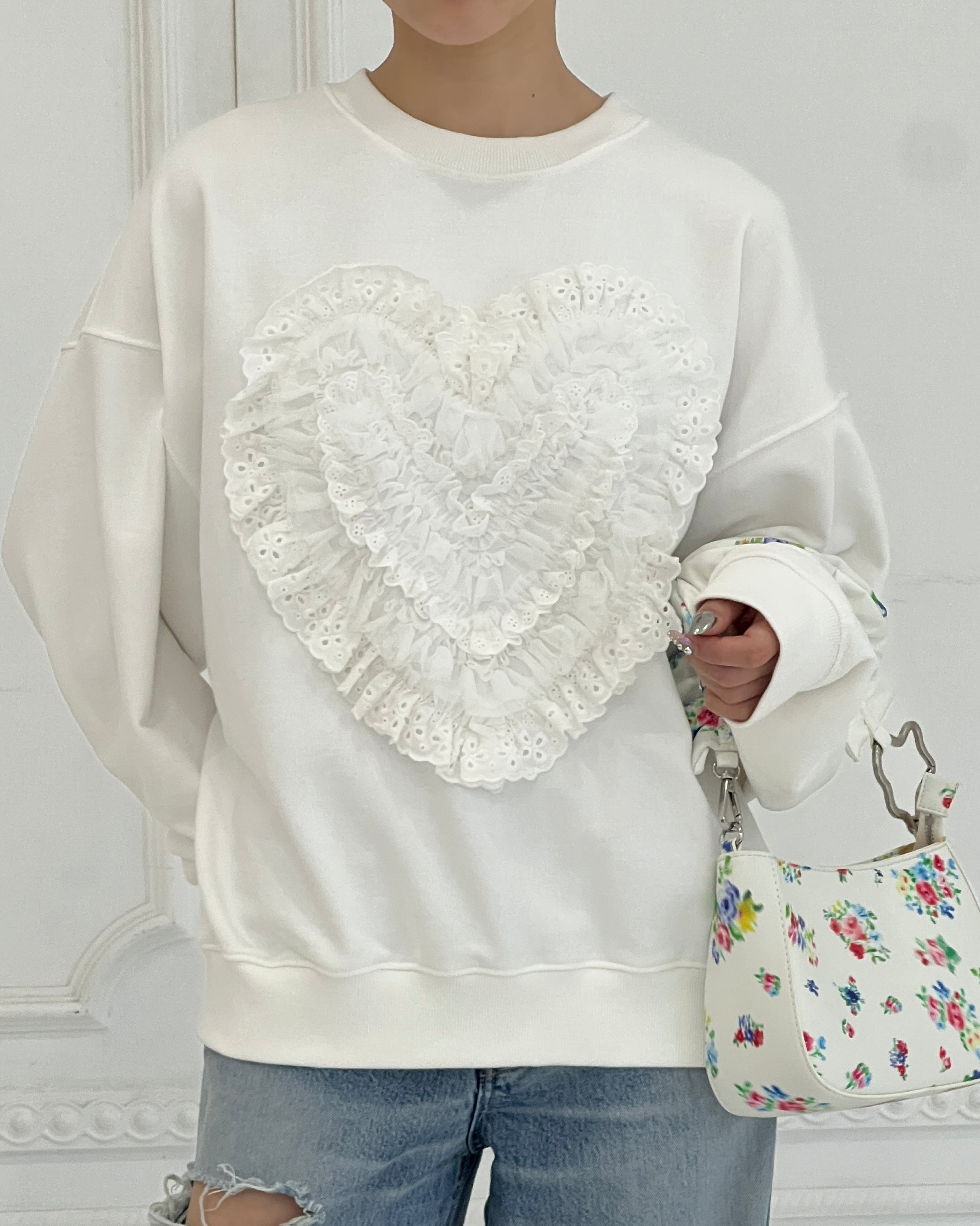 POPPY コットンレースハートスウェット（グレー） Cotton lace heart