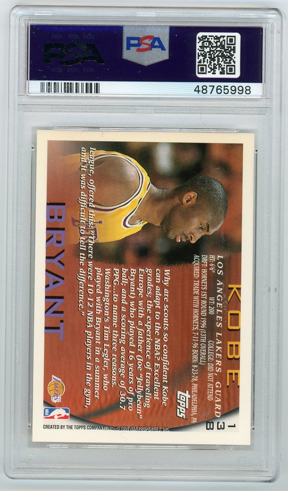 96 PSA鑑定済 コービー ルーキーKOBE BRYANT RC TOPPS 96 PSA鑑定済