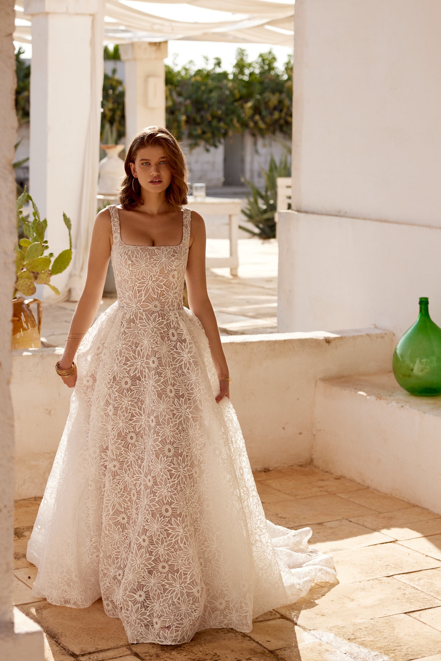 66404: Laser Cut Organza and Corded Lace A-Line with Square