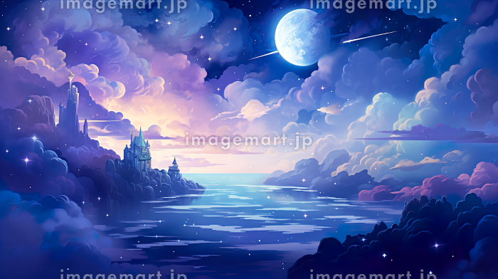 幻想的な夜の湖とお城のイラスト風景「AI生成画像」 [230508693]｜毎月