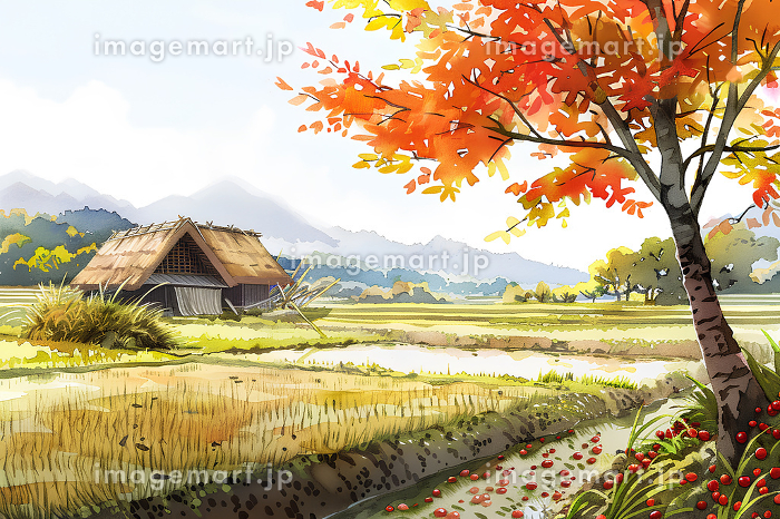 秋の田園風景（水彩画風）「AI生成画像」のイラスト素材 [260248871