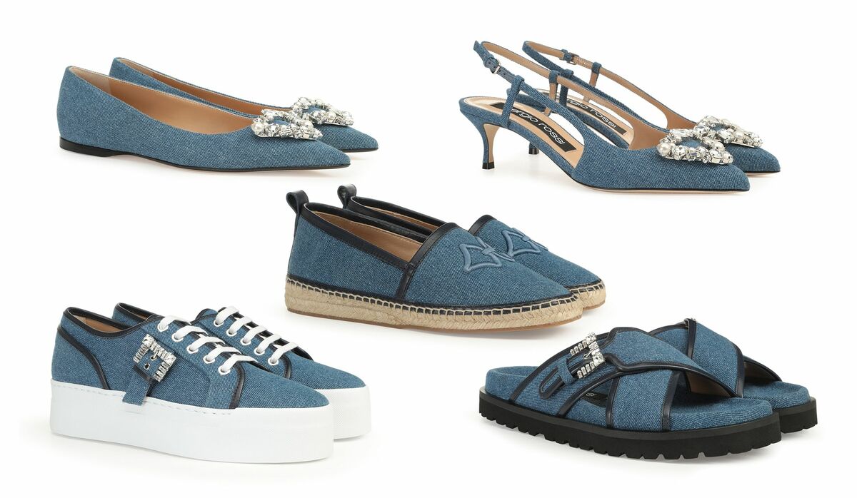 セルジオ ロッシ」の最新デニム小物｜クリスタルの輝きや刺繍の