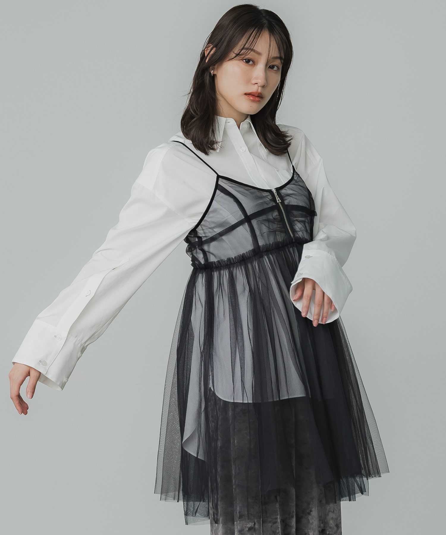 残りわずか〉チュールギャザーキャミワンピ(FREE BLACK): : ウィメンズ