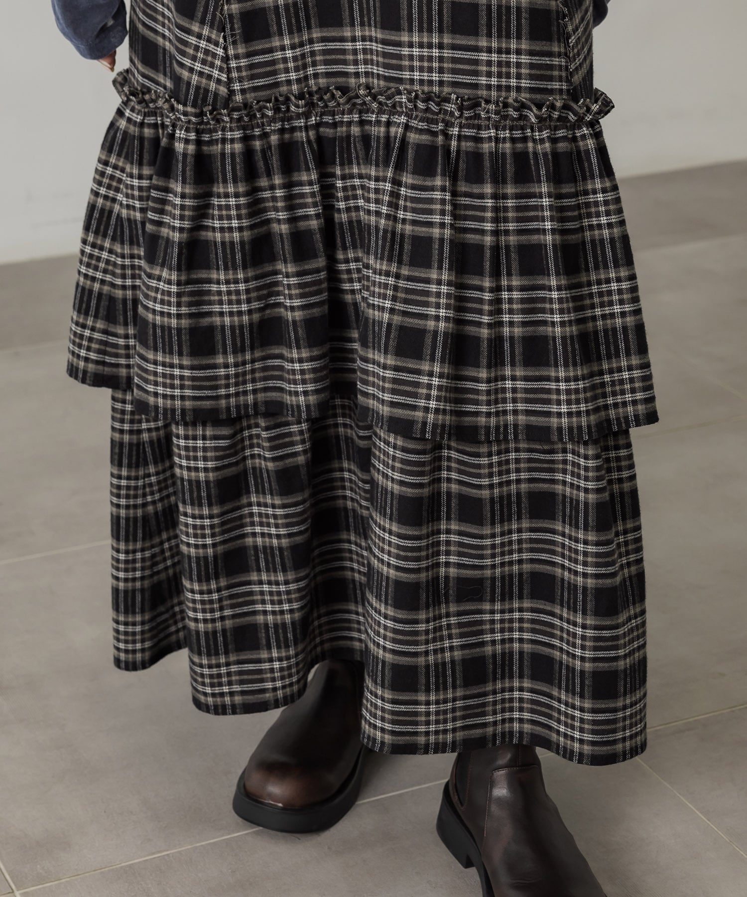 残りわずか〉ティアードチェックキャミワンピ(FREE BLACK