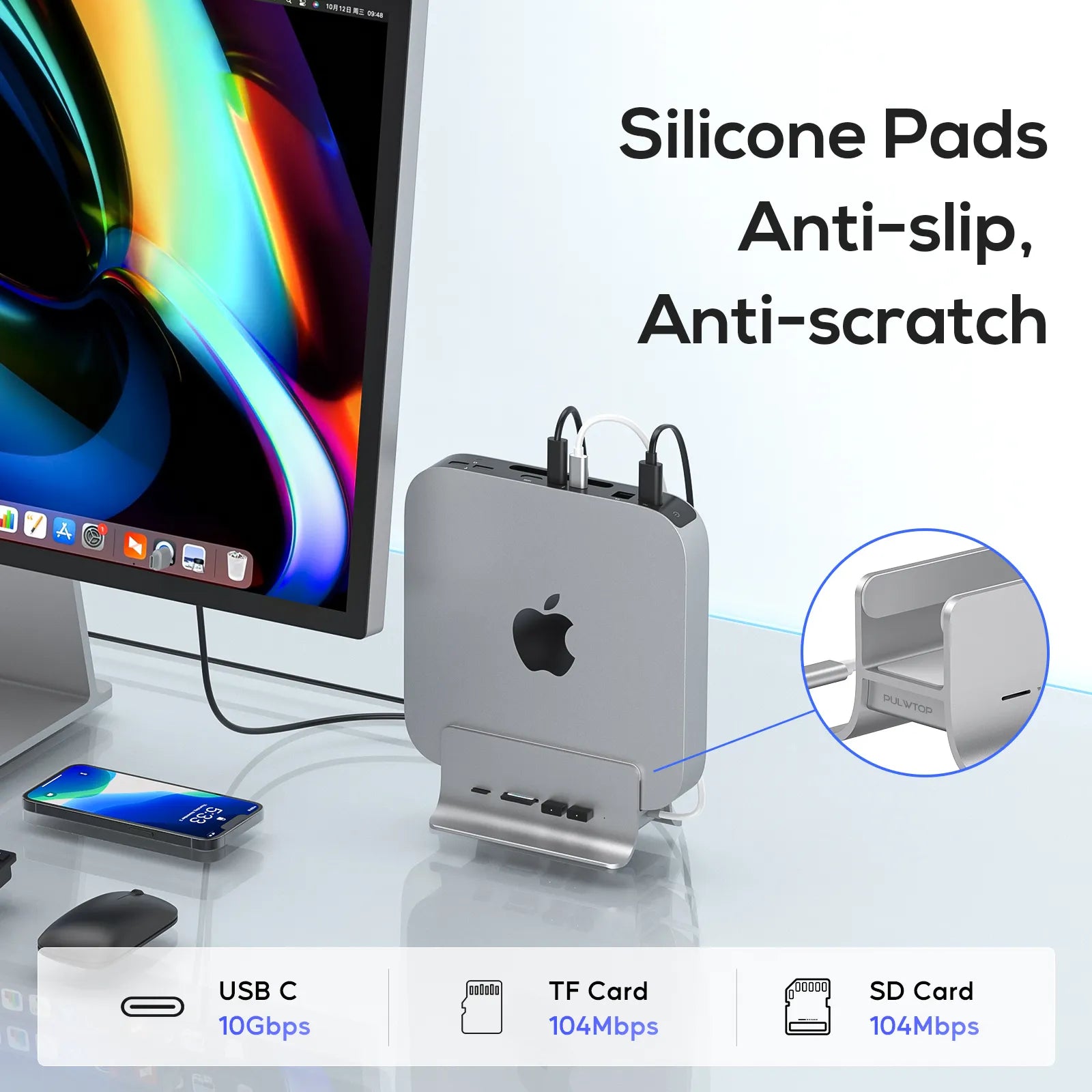 PULWTOP USB C Hub for Mac Mini, 5 in 1USB Hub Adapter Support M.2 NVMe