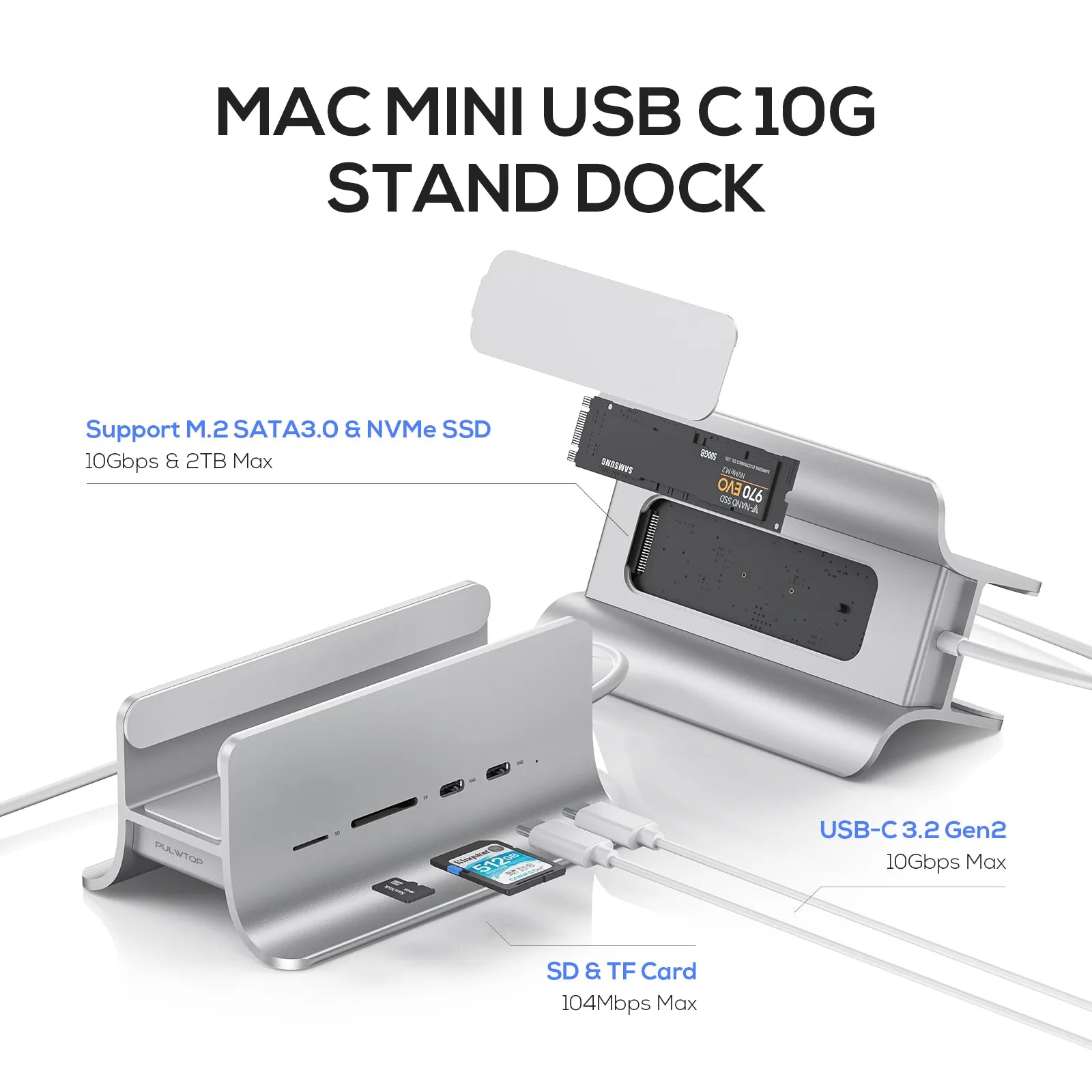 PULWTOP USB C Hub for Mac Mini, 5 in 1USB Hub Adapter Support M.2 NVMe