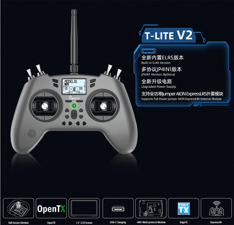 Jumper T-Lite V2 送信機 - 2.4GHz 16CH ホールセンサージンバル内蔵