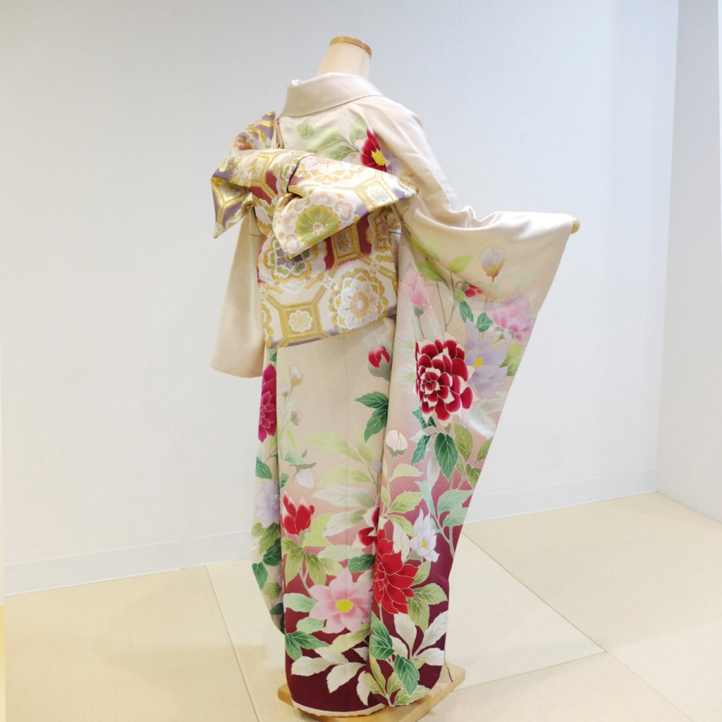 A-64 生成地 手描き友禅 牡丹柄 - 円居の着物レンタル－東京・日本橋