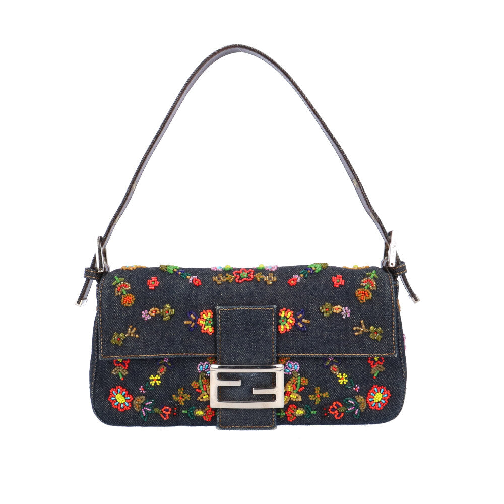 FENDI Mamma Bucket Flower Beads Shoulder Bag Denim Blue Women's