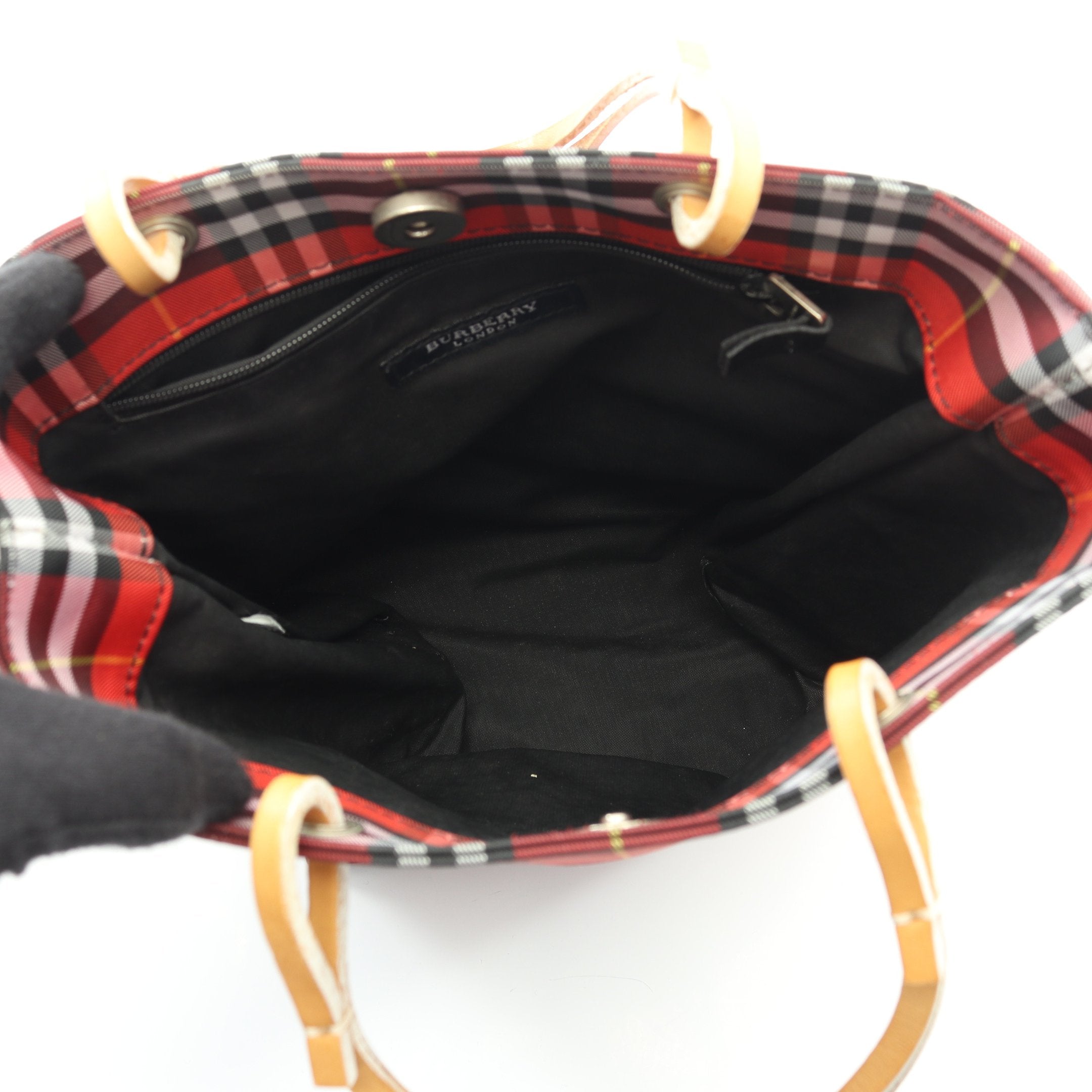 ノバチェック ハンドバッグ キャンバス レザー レッド ライトブラウン