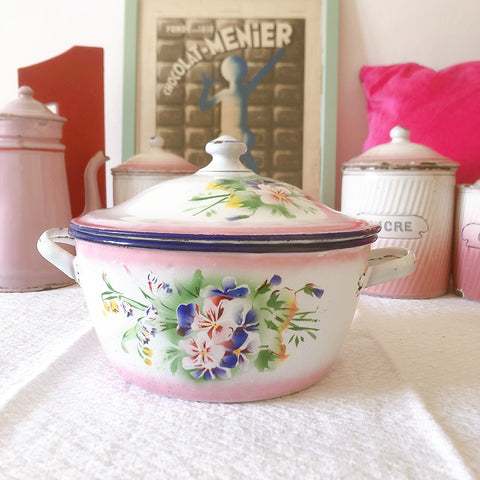 フランスアンティークホーロー薄ピンクツバメと小花柄バンドペイント