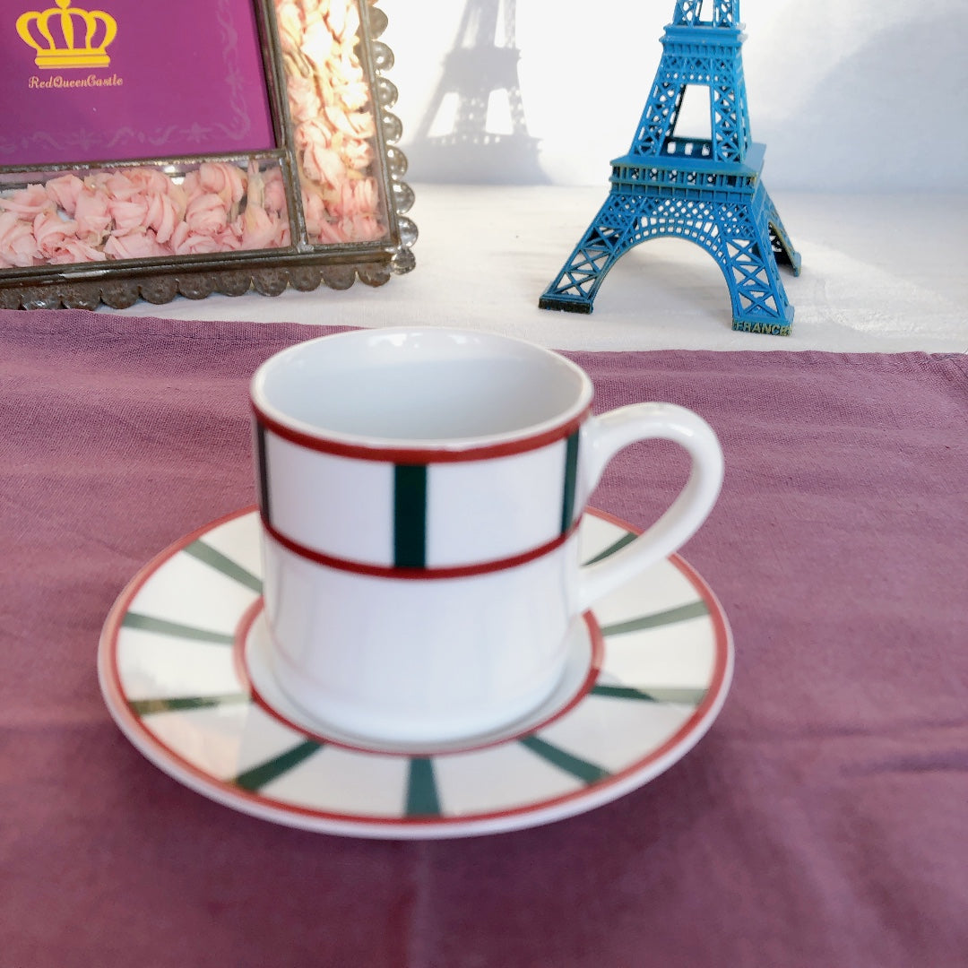 フランスアンティーク バスク柄 カップ＆ソーサー「レッドxグリーン