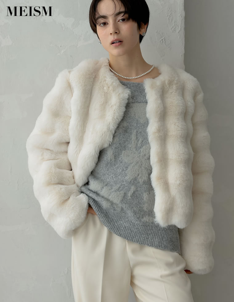 ブロックフェイクファーリボン付ショートコート - ジャケット/アウター