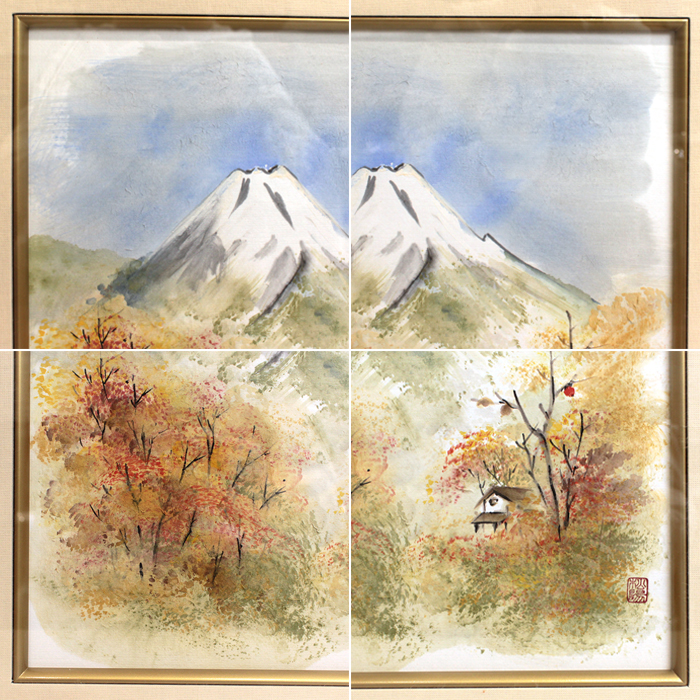 濱田松陽(はまだしょうよう) 「錦秋」 色紙画 風景画 日本画 額 箱付き