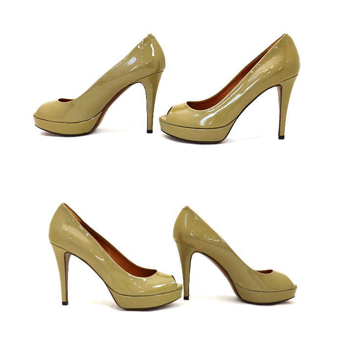 グッチ(GUCCI) パンプス ハイヒール オープントゥ エナメル カーキ