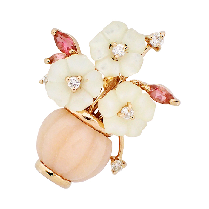 K18 マルチストーン ペンダントブローチ フラワー 花瓶モチーフ ピンク