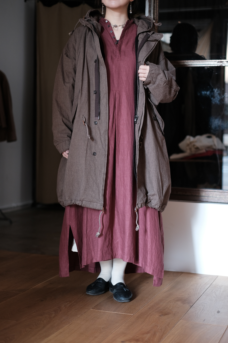 Fish tail long coat with liner (Buff cloth cotton) col.brush brown