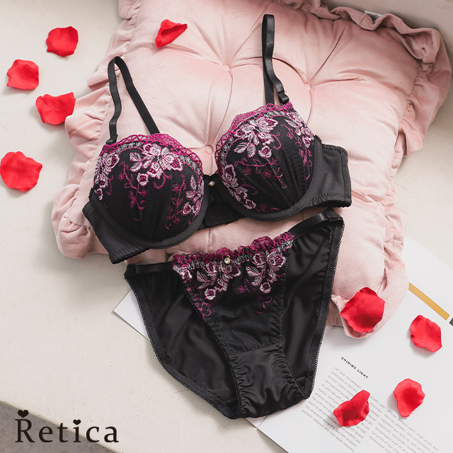 フラワーリーフ刺繍レースブラジャー＆ショーツセット(ブラック×ピンク