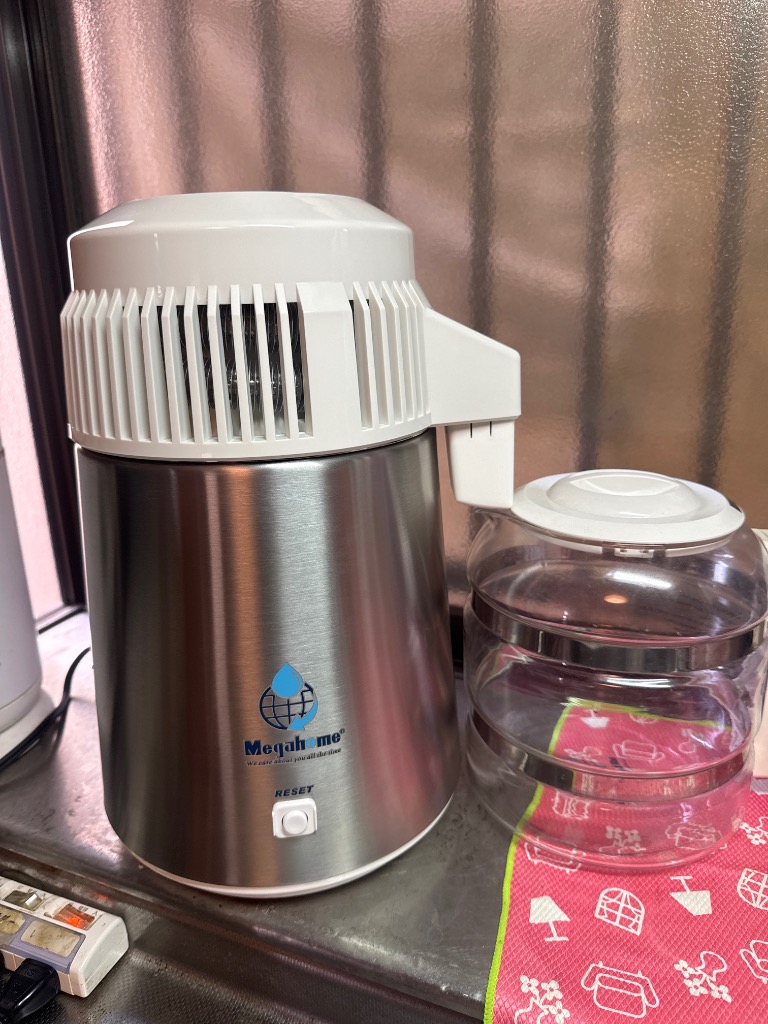 蒸留水器(蓋:白色 本体:ステンレス)新ガラス容器・磁器ノズル