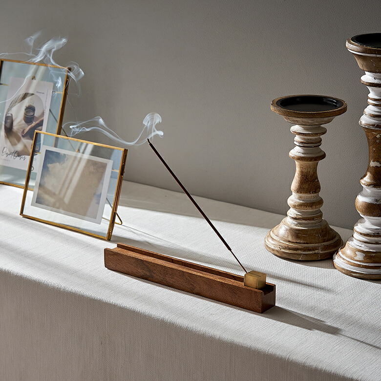 お香立て お香皿 アカシアウッド 木製 真鍮 横置 インド 製 約 W 24.5