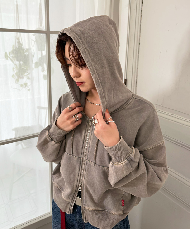 m:rex】ミニ恐竜刺しゅうショート丈フードZIPパーカー｜DOUBLE NAME