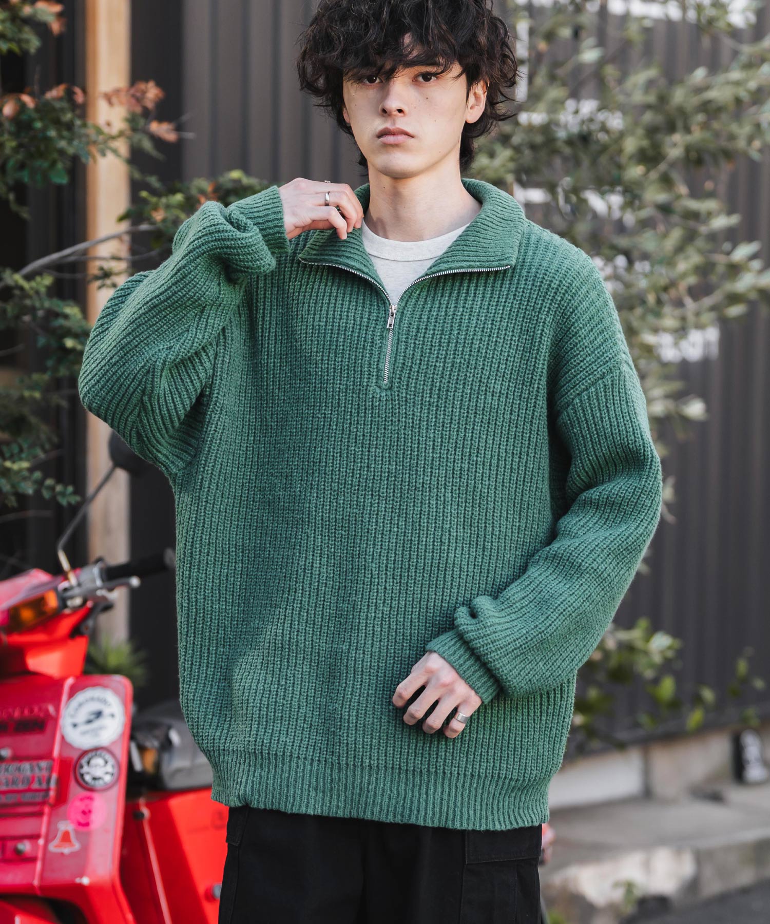 新色追加 オーバーサイズ畦編みハーフジップニットセーター 14553