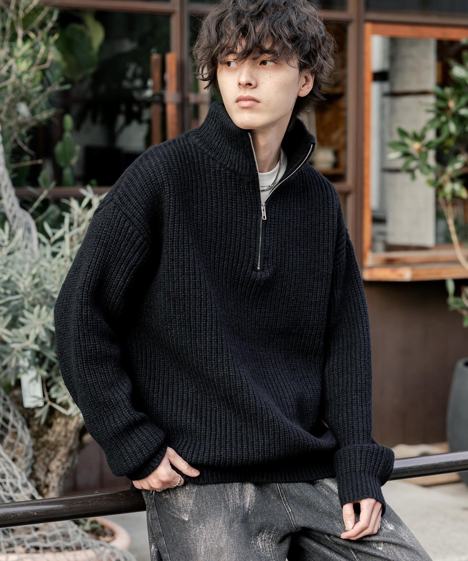 新色追加 オーバーサイズ畦編みハーフジップニットセーター 14553