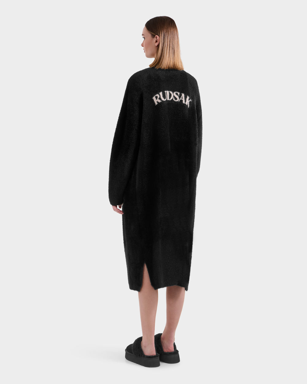 RUDSAK LACEY Women's Long Fuzzy Cardigan Sweater - Cozy Black Knit