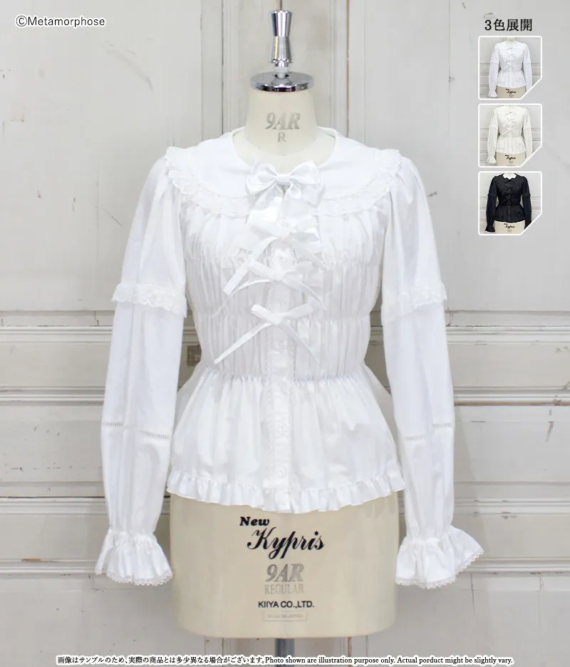 プラスサイズ】レース切替丸襟シャーリングブラウス - ブラウス