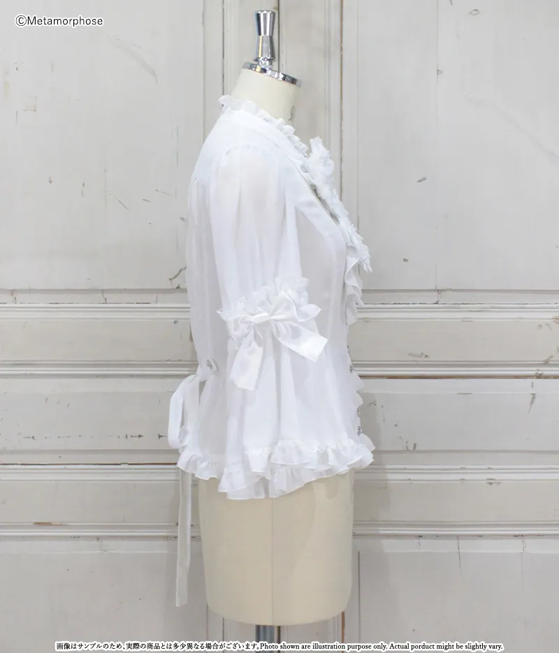 Plus Size] Stand Collar Frill Ribbon Princess Sleeve Blouse