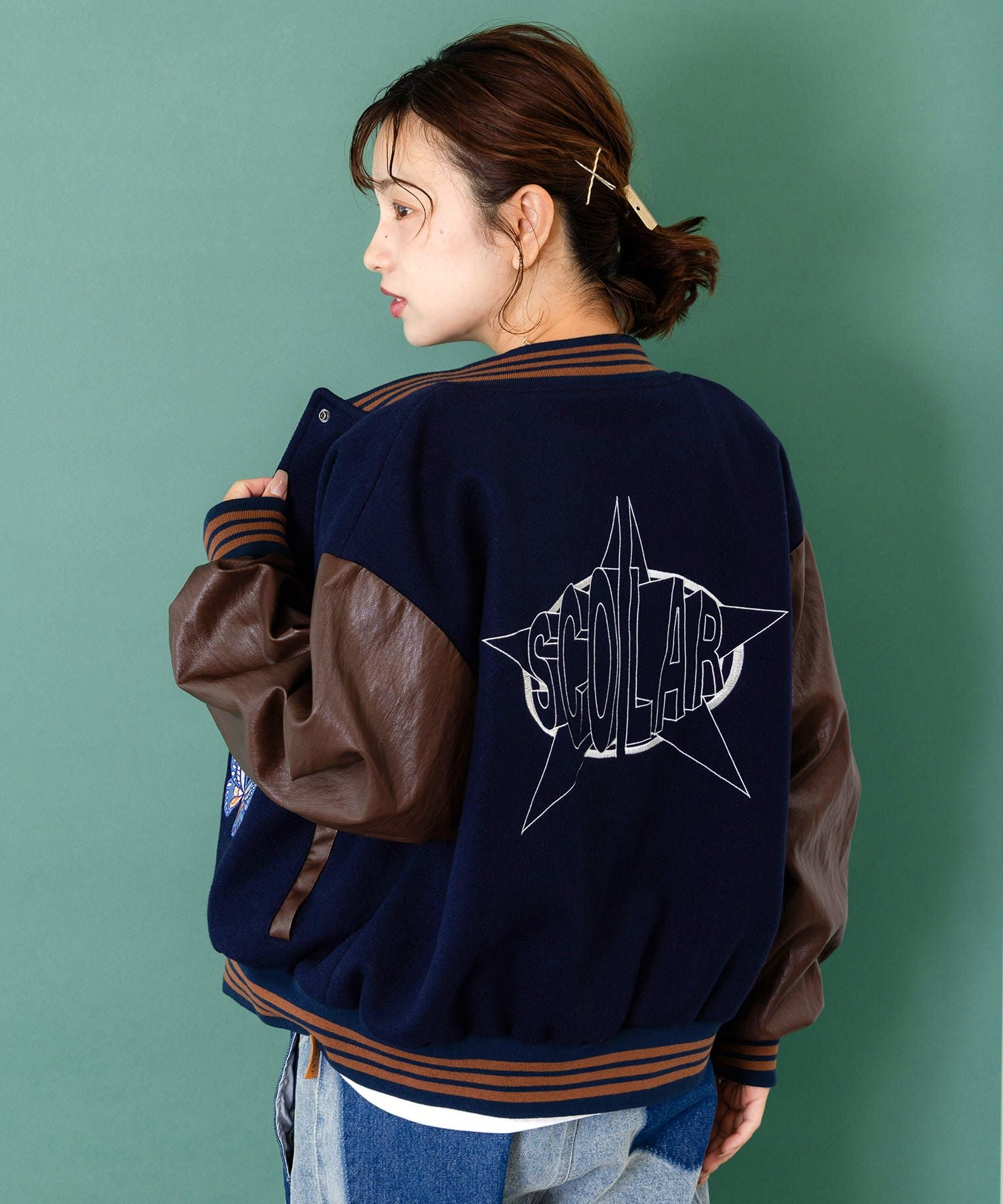 153686：メルトン×合皮 異素材切替スタジャンの通販-ScoLar