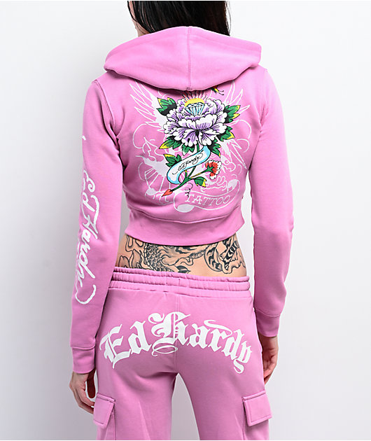 Ed Hardy Flower Skull Pink Crop Zip Hoodie | Zumiez