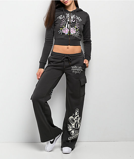 Ed Hardy Panther Charcoal Crop Zip Hoodie | Zumiez