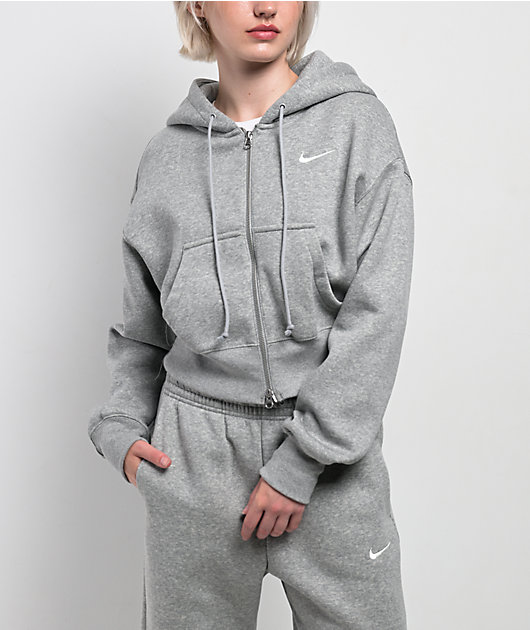 Nike Sportswear Phoenix Fleece Heather Grey Crop Zip Hoodie | Zumiez