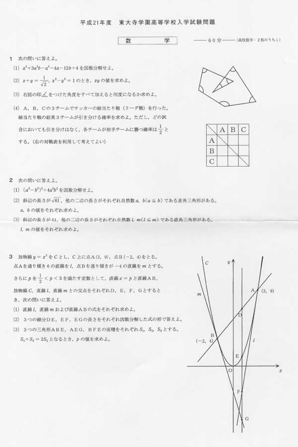 平成21年度入試過去問題（数学 問題）（1ページ目）｜東大寺学園高等