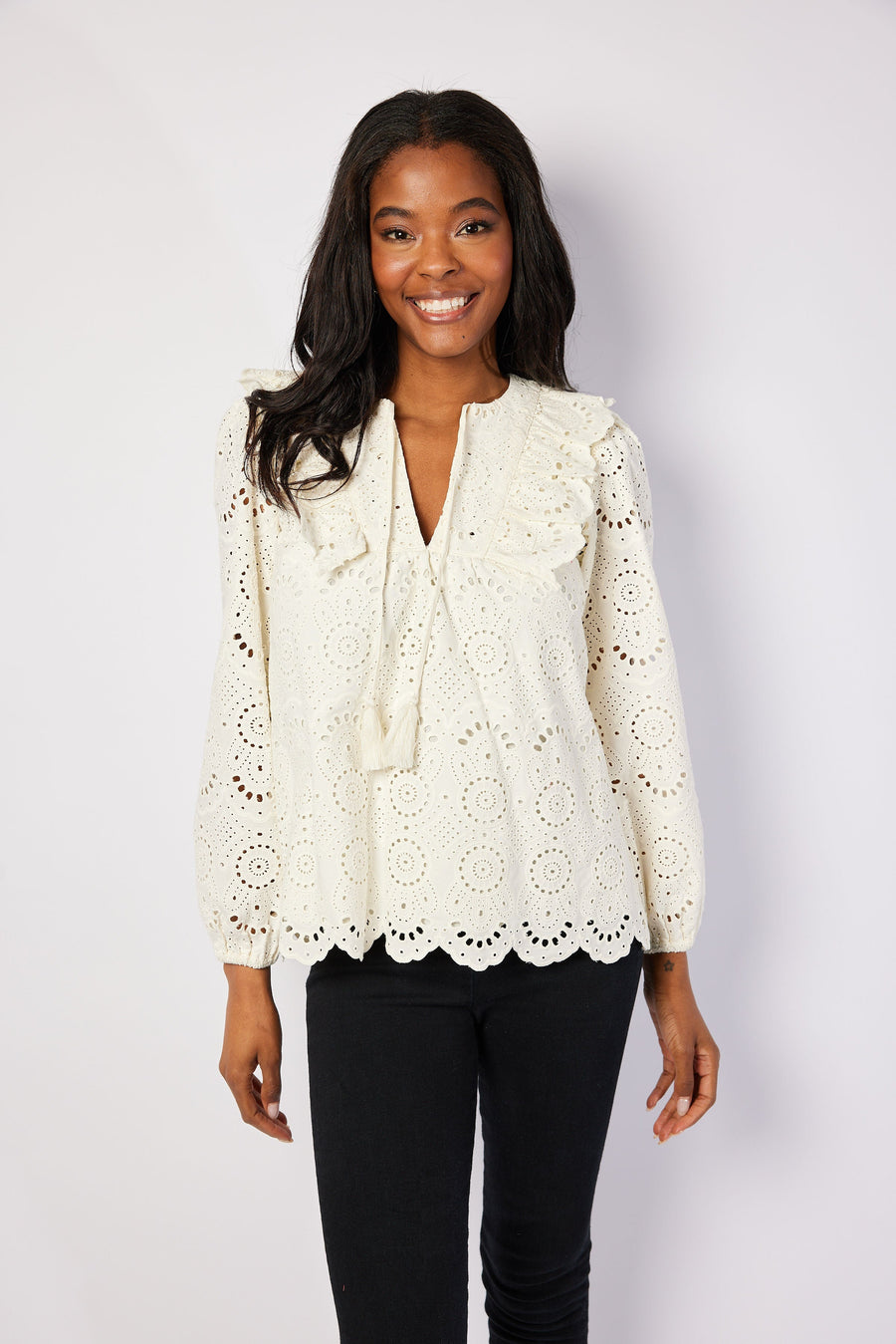 Ivory Eyelet Ruffle Front Top with Tassels – Sail to Sable