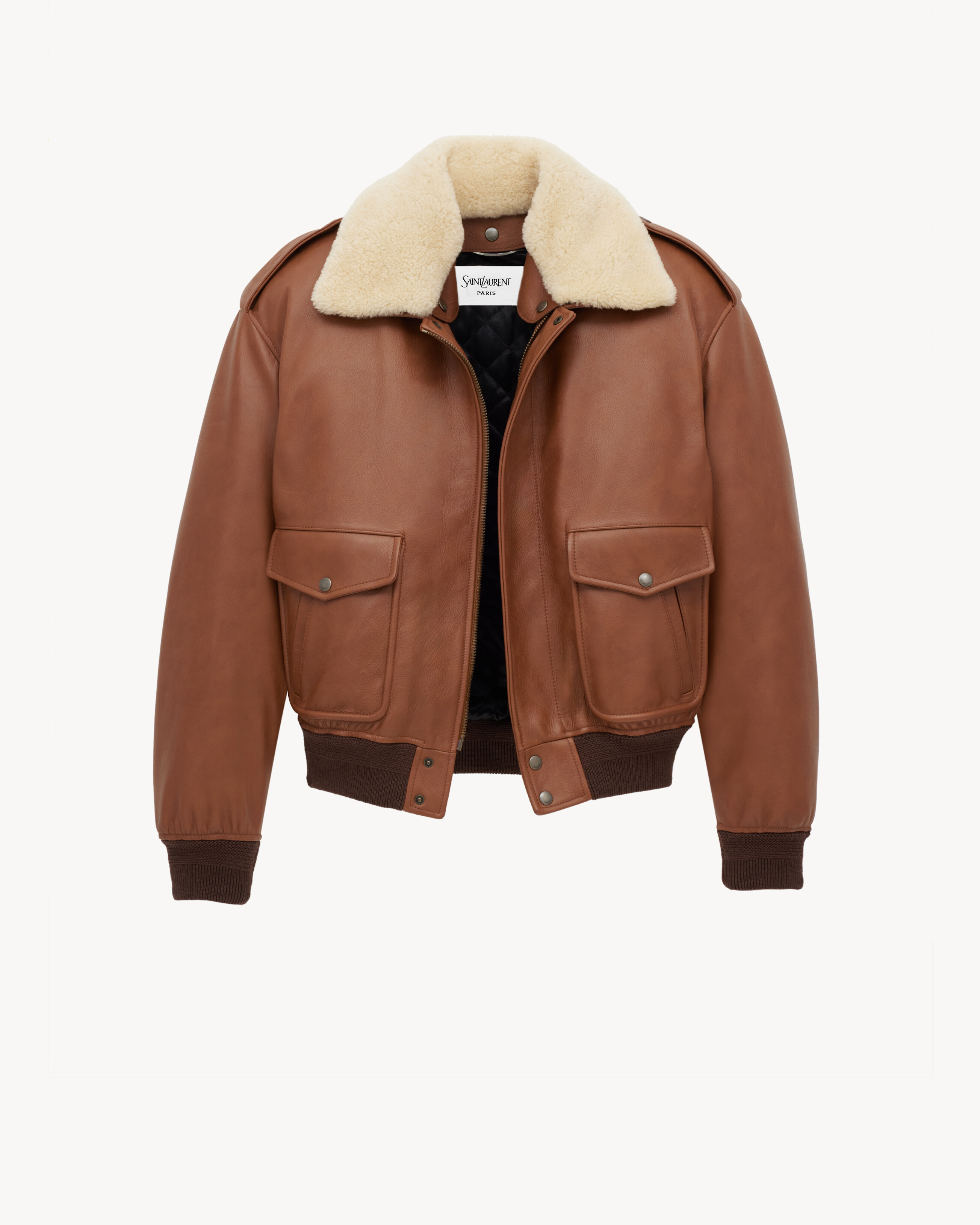 bomber jacket in grained leather and shearling in Brown | Saint